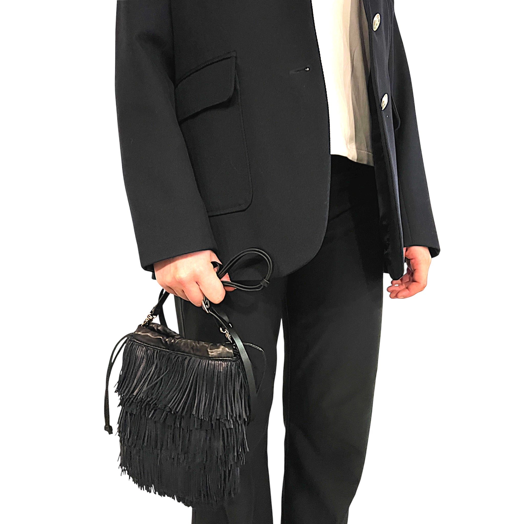 Pochette à lien de serrage - String micro franges - Blue encre et noir