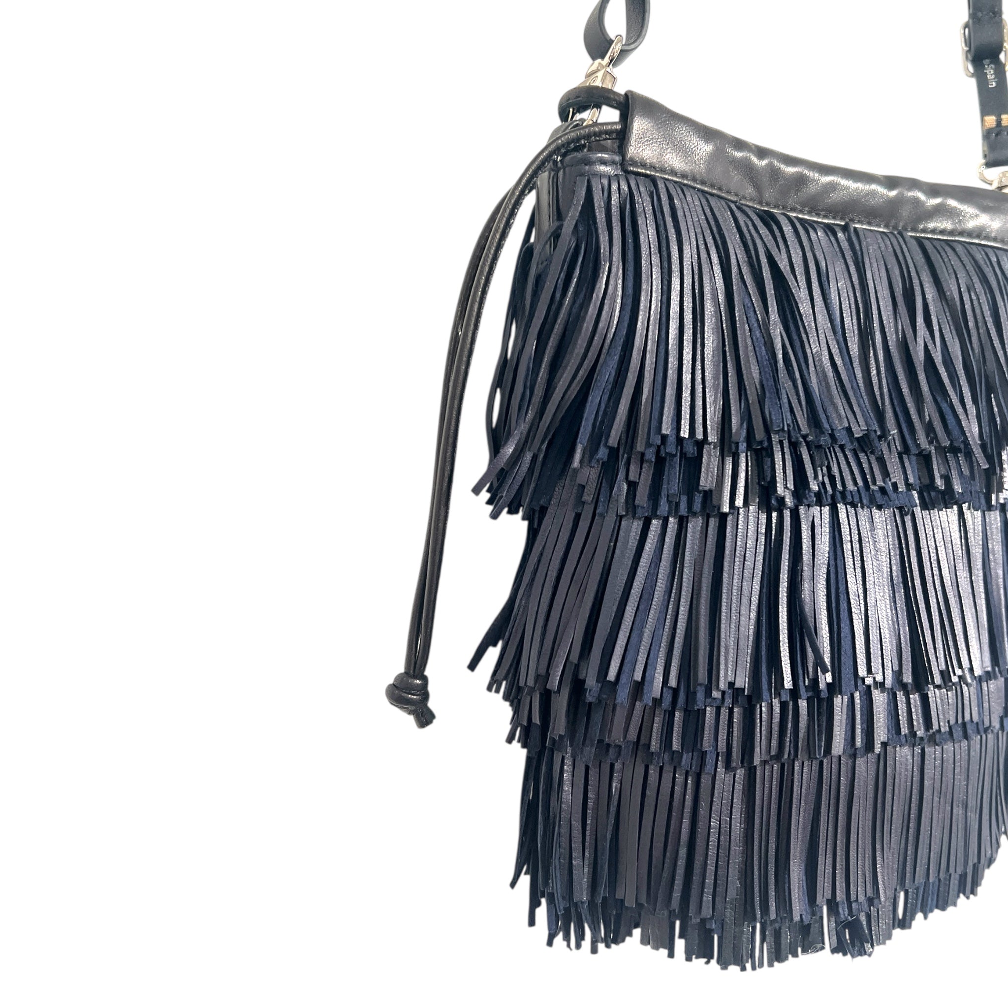 Pochette à lien de serrage - String micro franges - Blue encre et noir