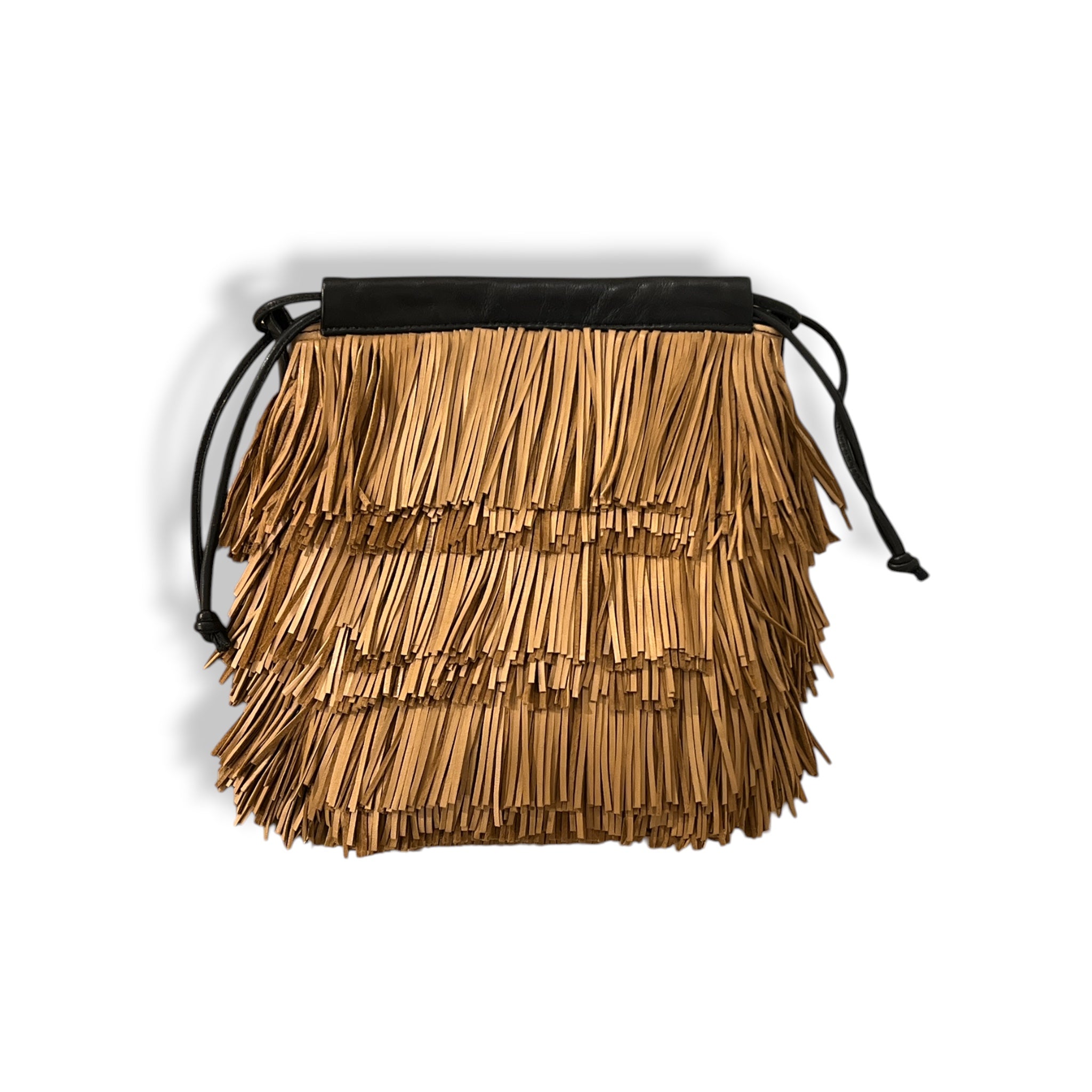 Pochette à lien de serrage - String micro franges - Naturelle  et noire