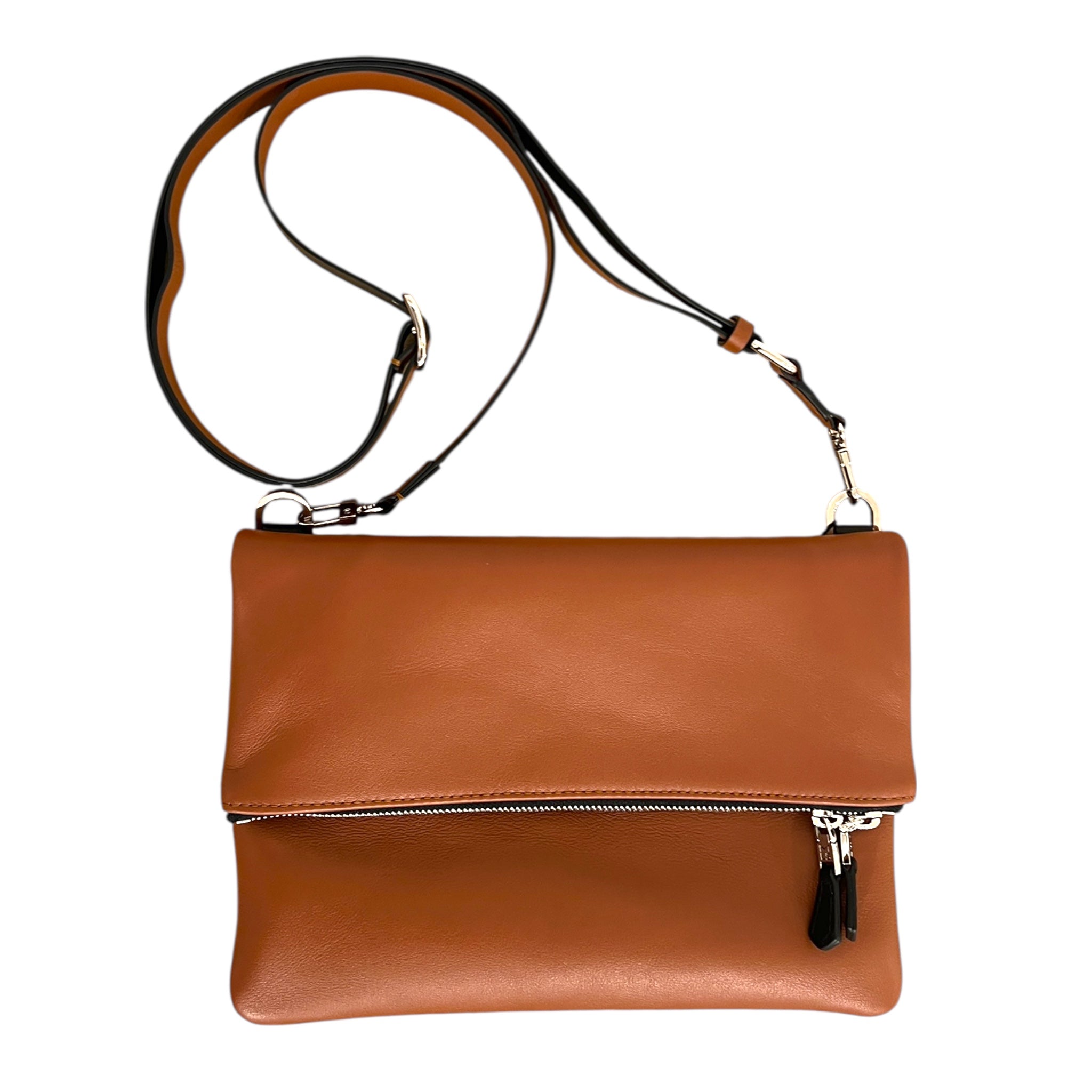 Duo pochette pliée à rabat avec pochette Duo zippée medium- cognac noire - finition argent