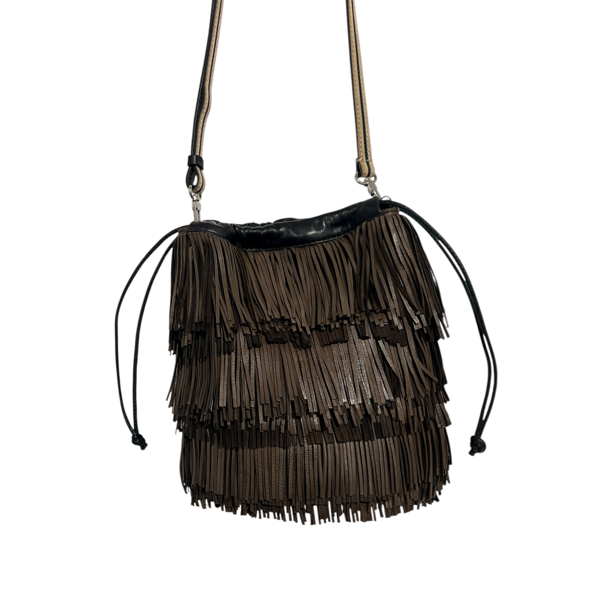 Pochette à lien de serrage - String micro franges - Ebène et noir