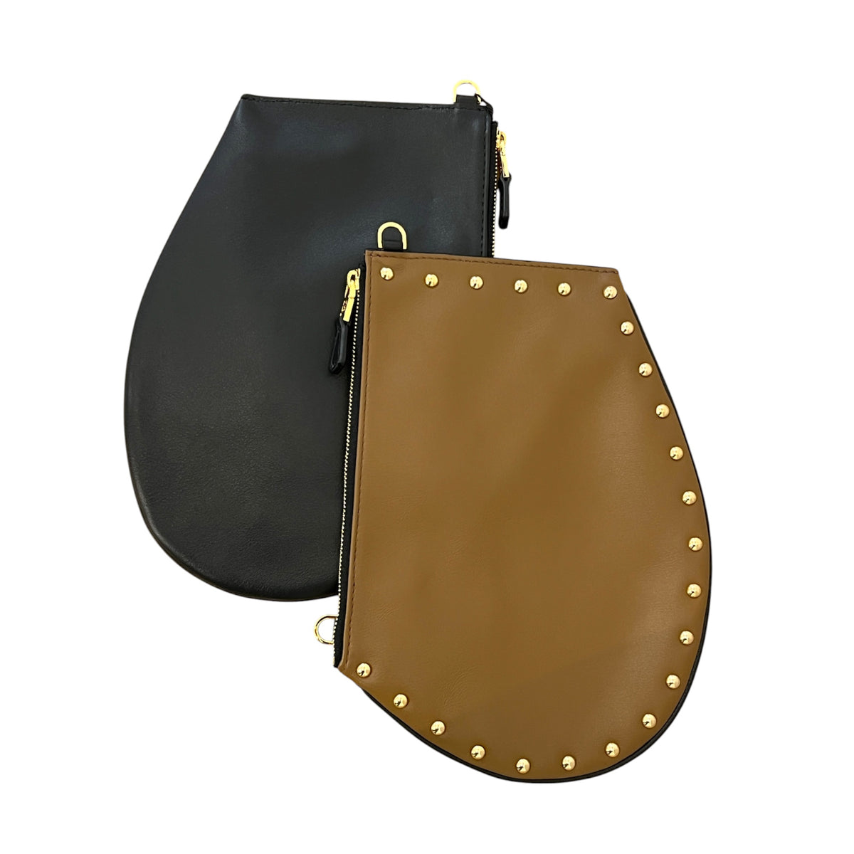 Pochette bandoulière - Zip medium - terre marron et noire cloutée finition dorée