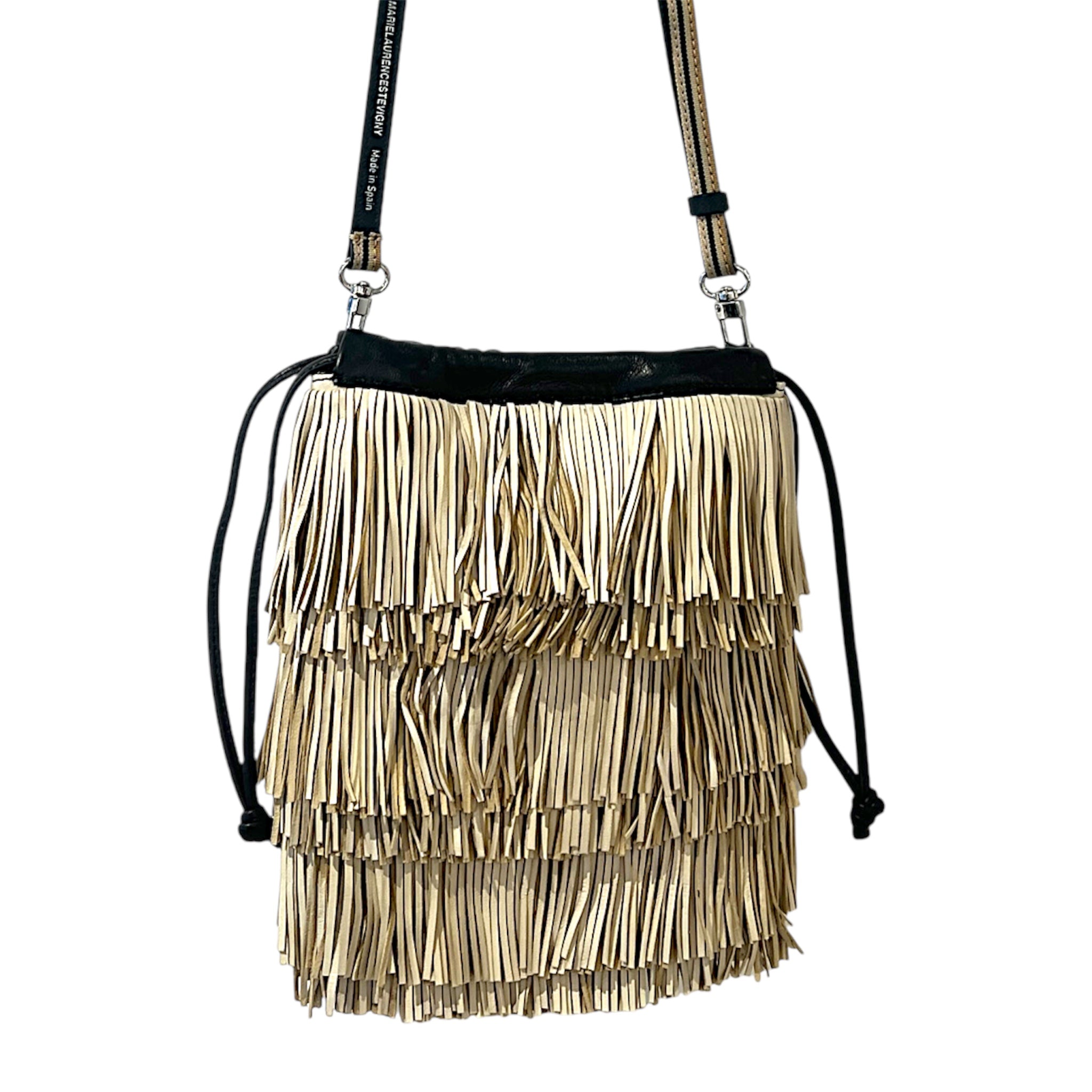 Pochette à lien de serrage - String micro franges - écru et noir