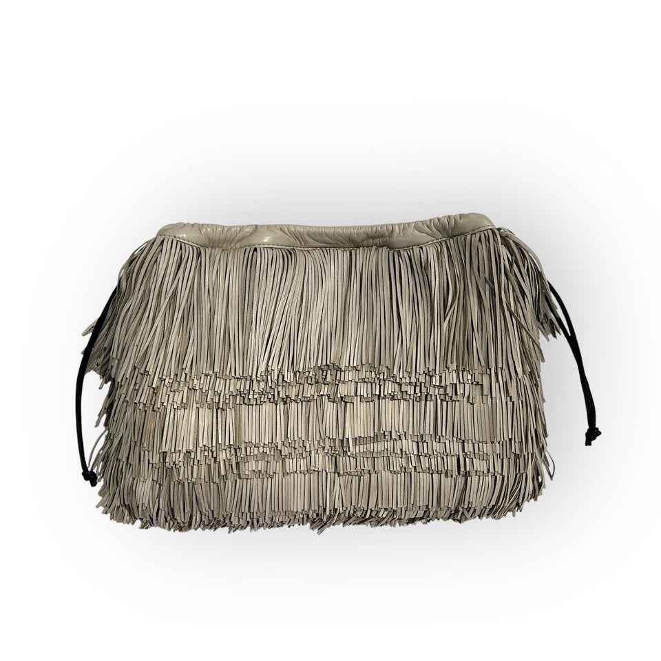 Pochette à lien de serrage - String medium franges - Ecrue et noir