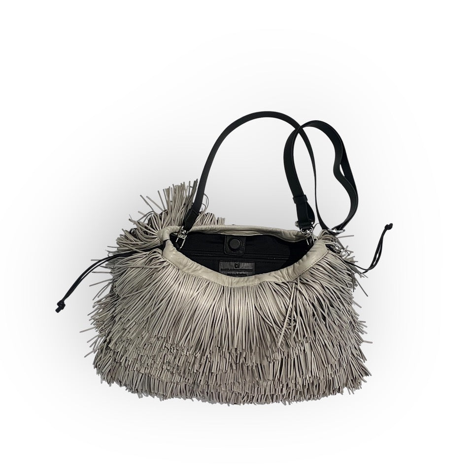 Pochette à lien de serrage - String medium franges - Ecrue et noir