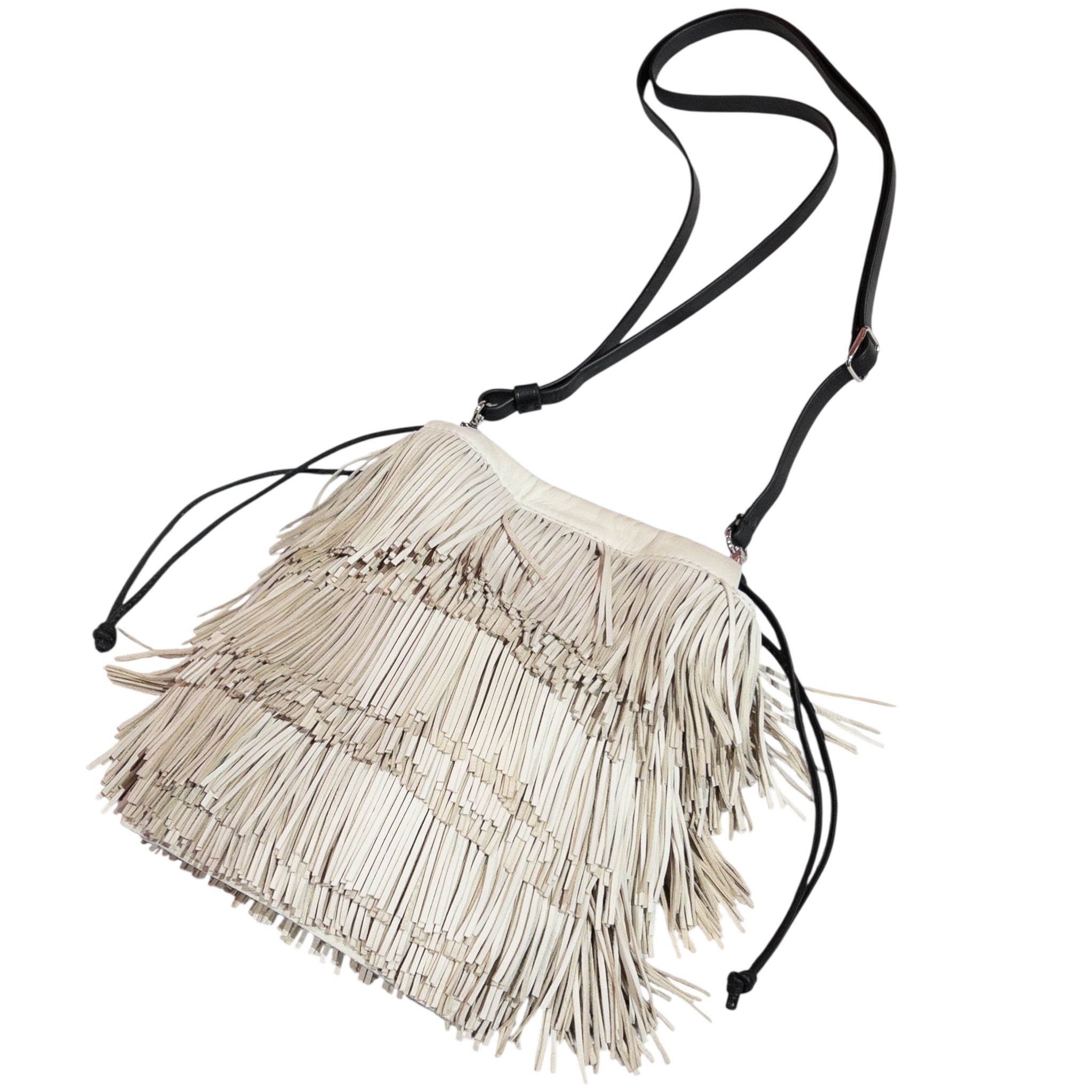 Pochette à lien de serrage - String micro franges - écru et noir