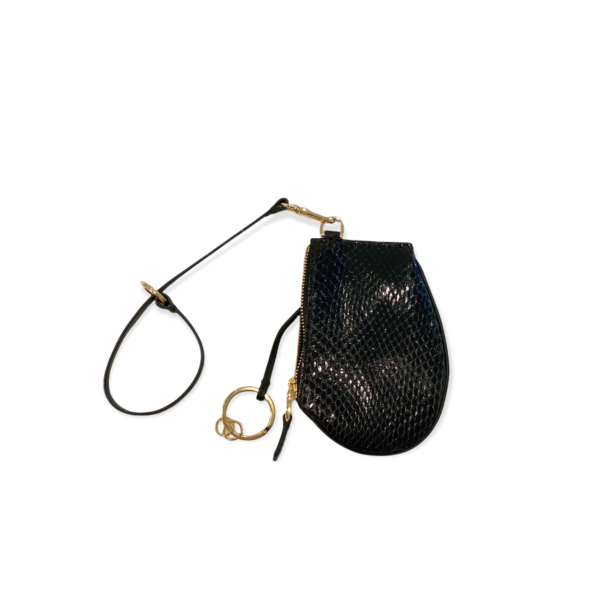 MLS-new Zip micro bag with cuff wrist loop -black snake leather with gold hardware front.p
