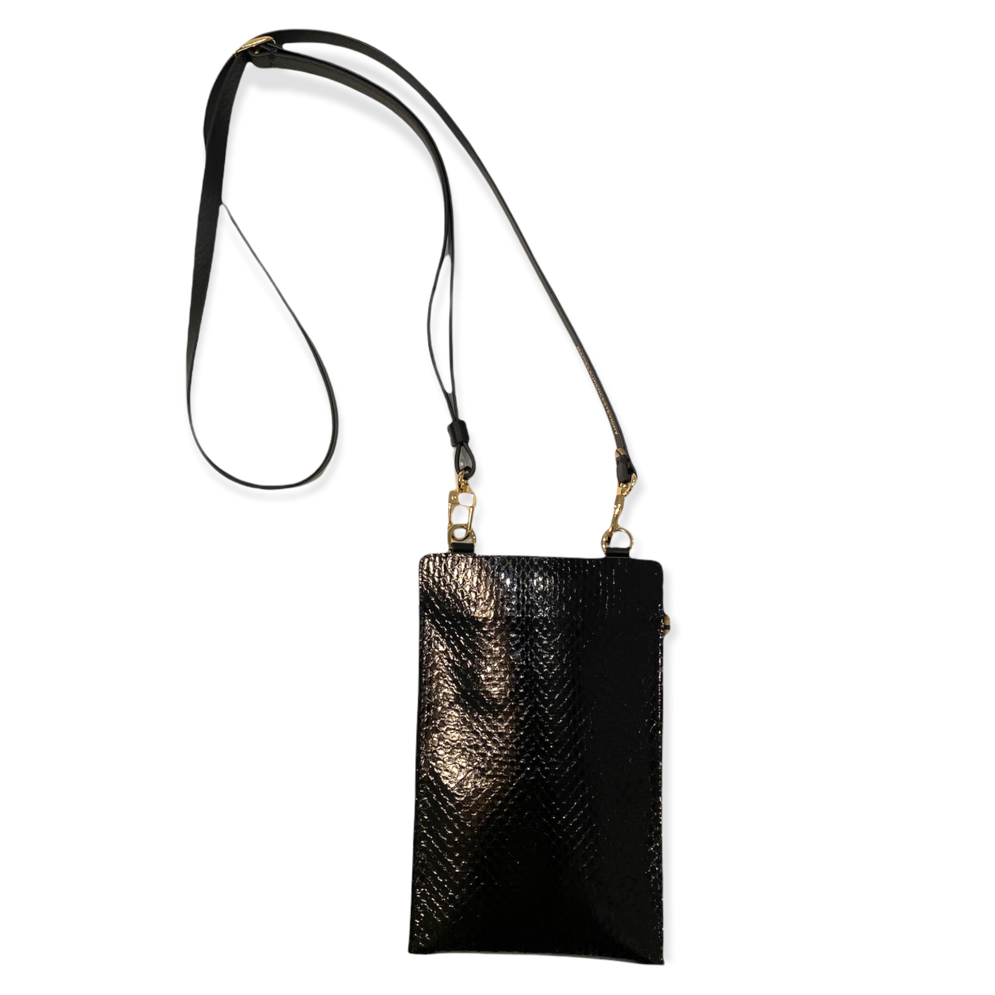 MLS-new Phone bag -black snake leather with gold hardware front.png