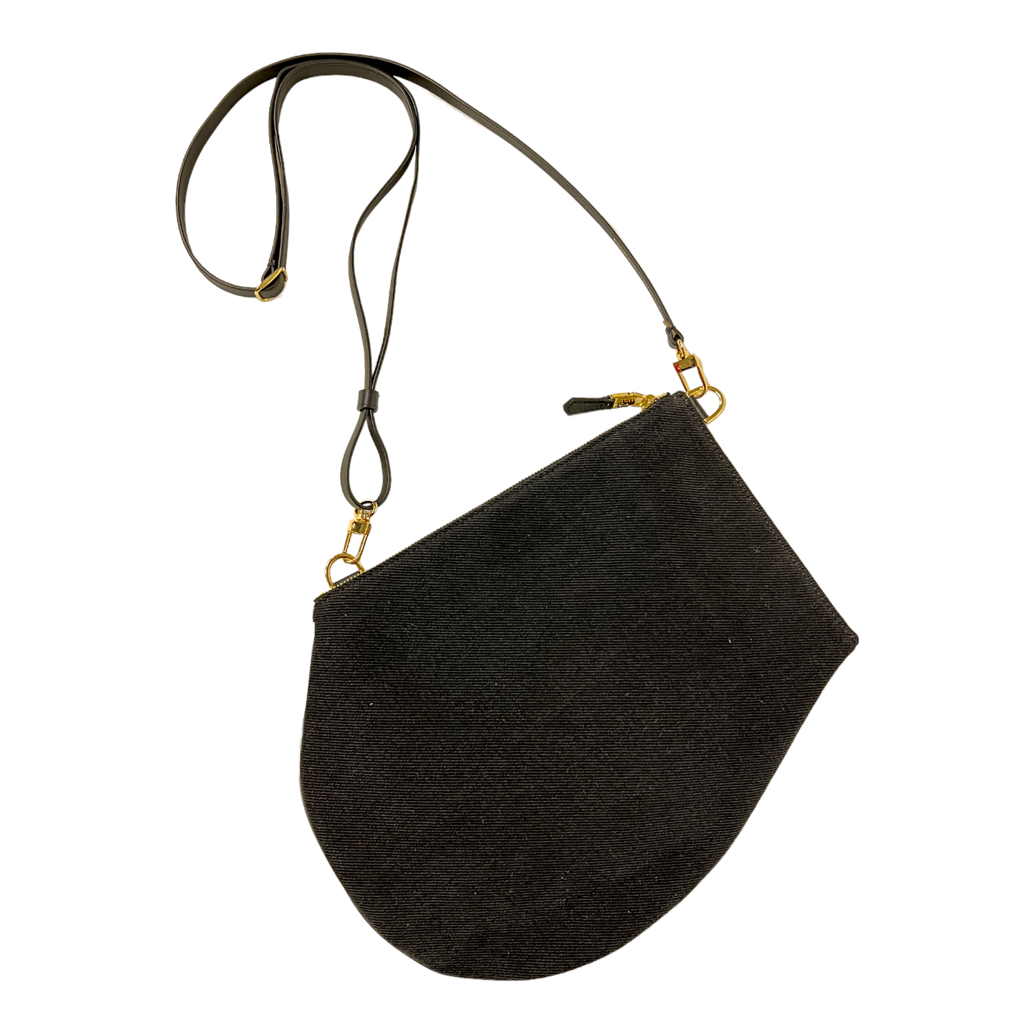 Zip Xl black upcycled denim black leather and gold hardware  with thin black gold cross st