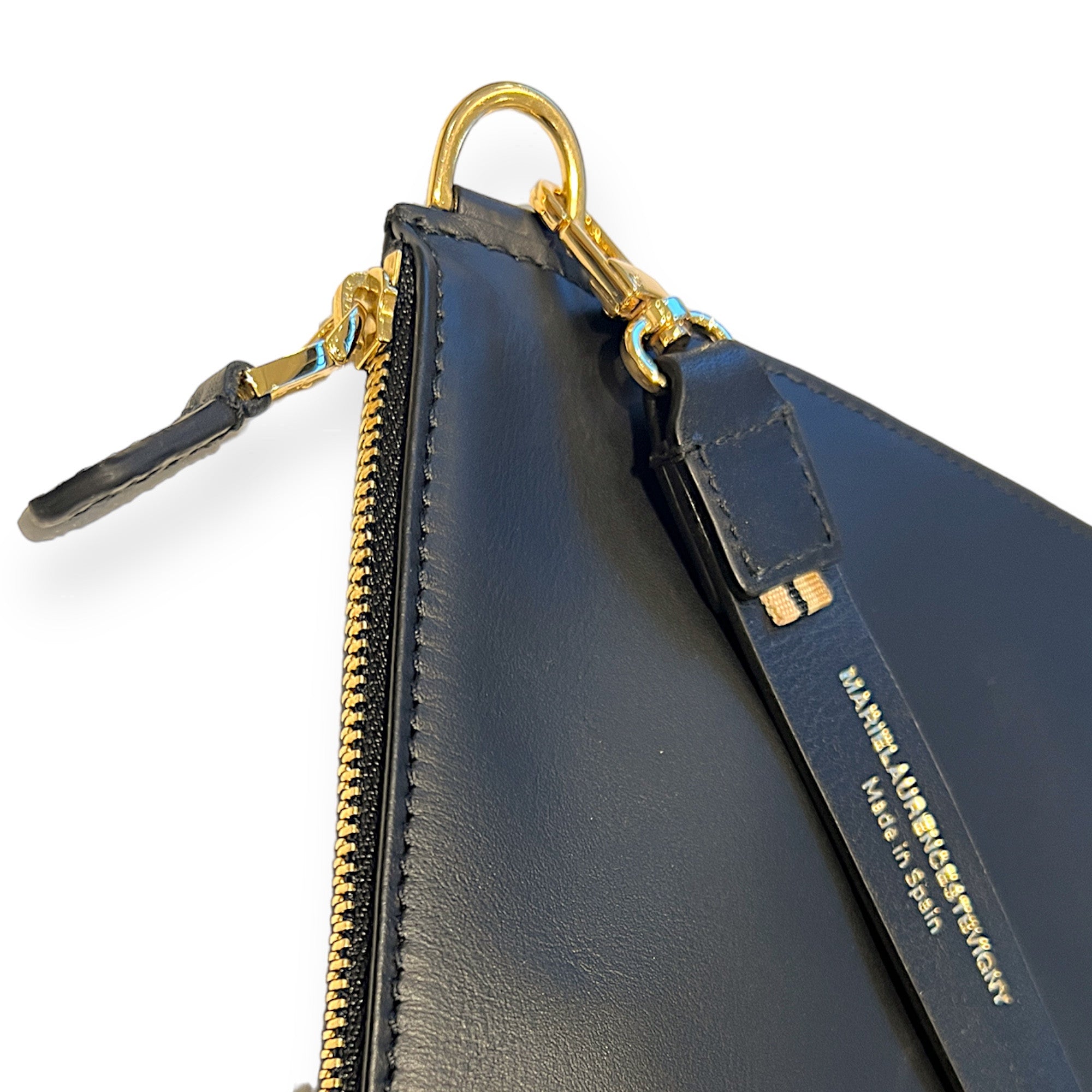 Large cross adjustable strap-rolled-black leather and gold hardware-detail on Zip xl-Marie