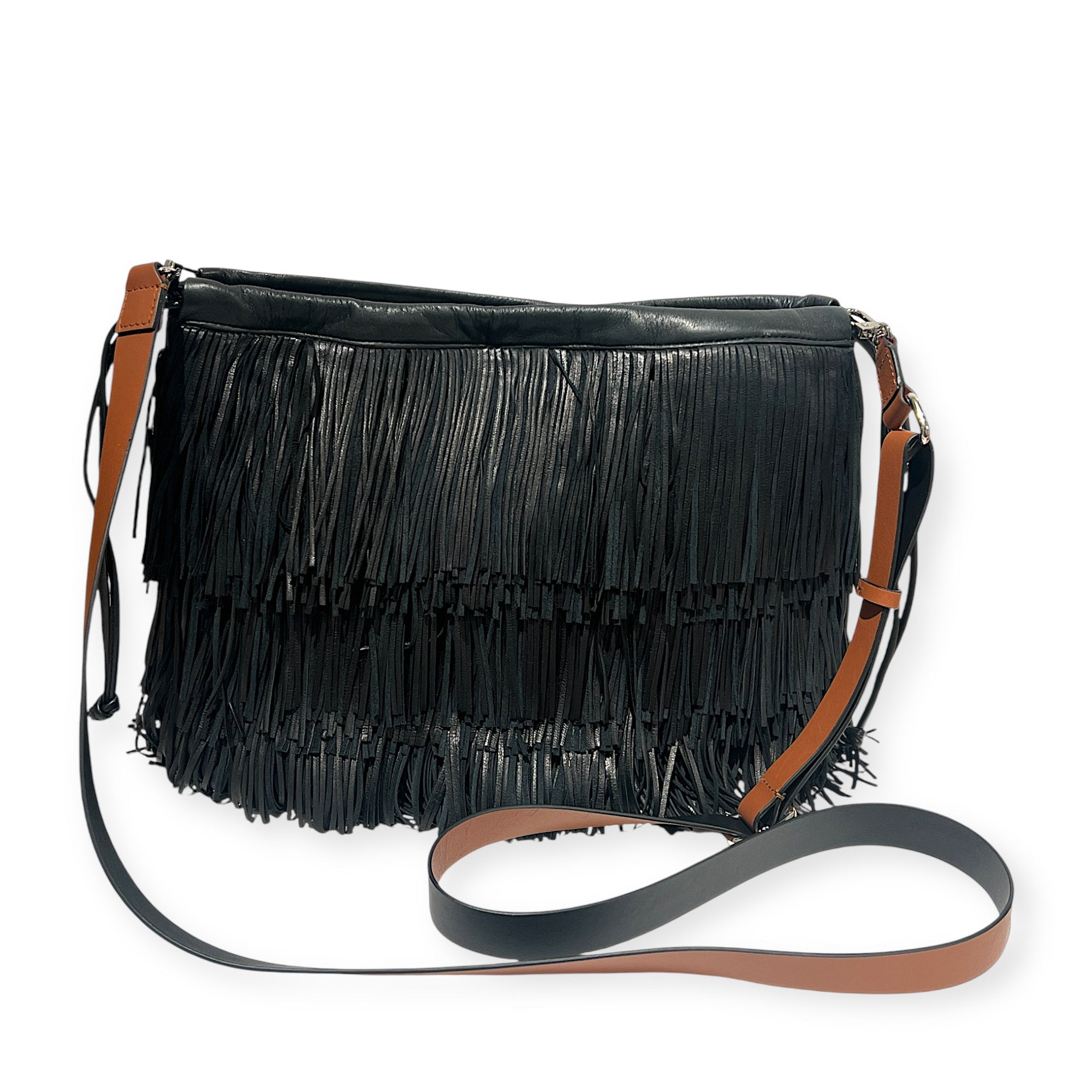 MARIELAURENCESTEVIGNY__String pouches maxi-black -fringes-packshoot with tan strap.JPG