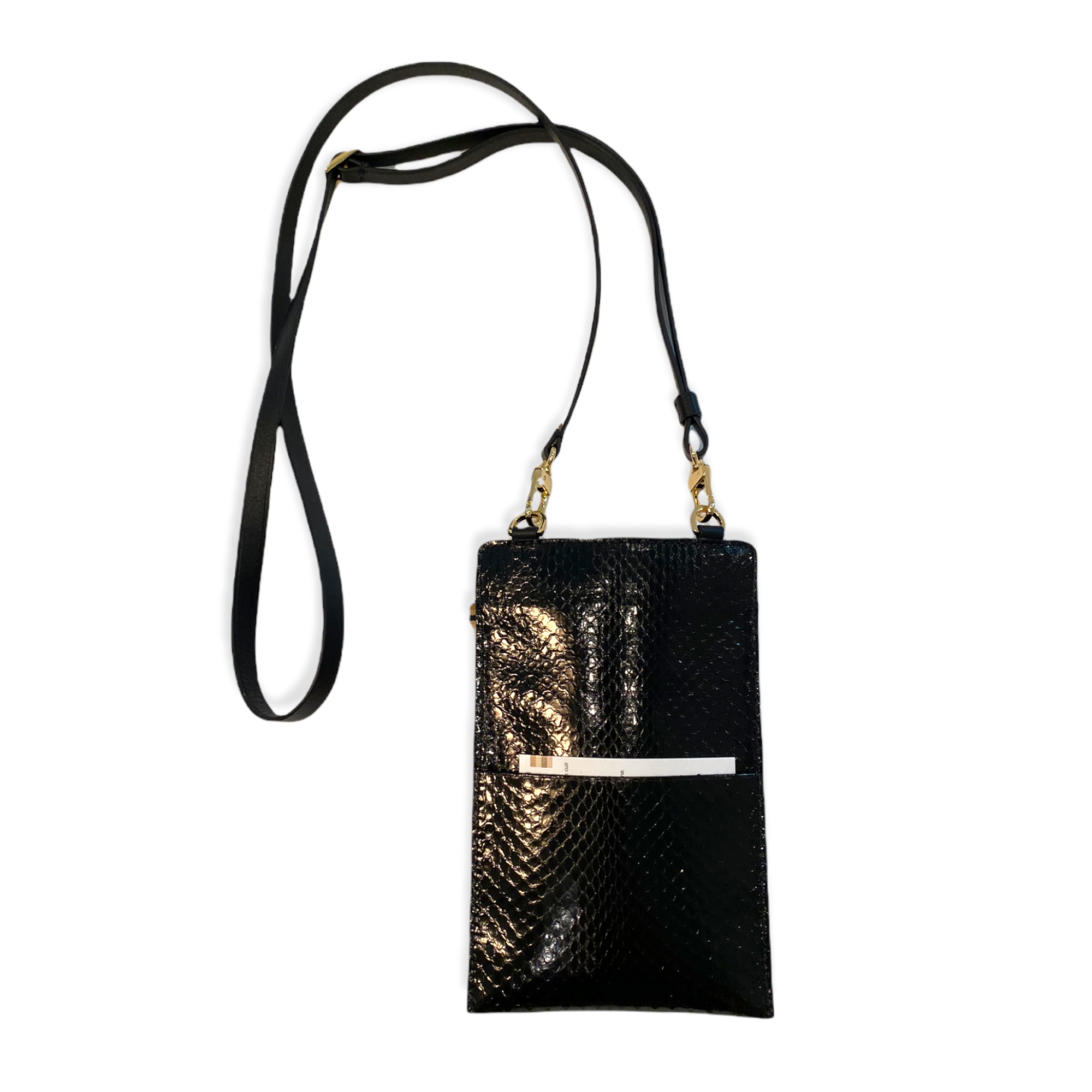 MLS-new Phone bag -black snake leather with gold hardware back.png