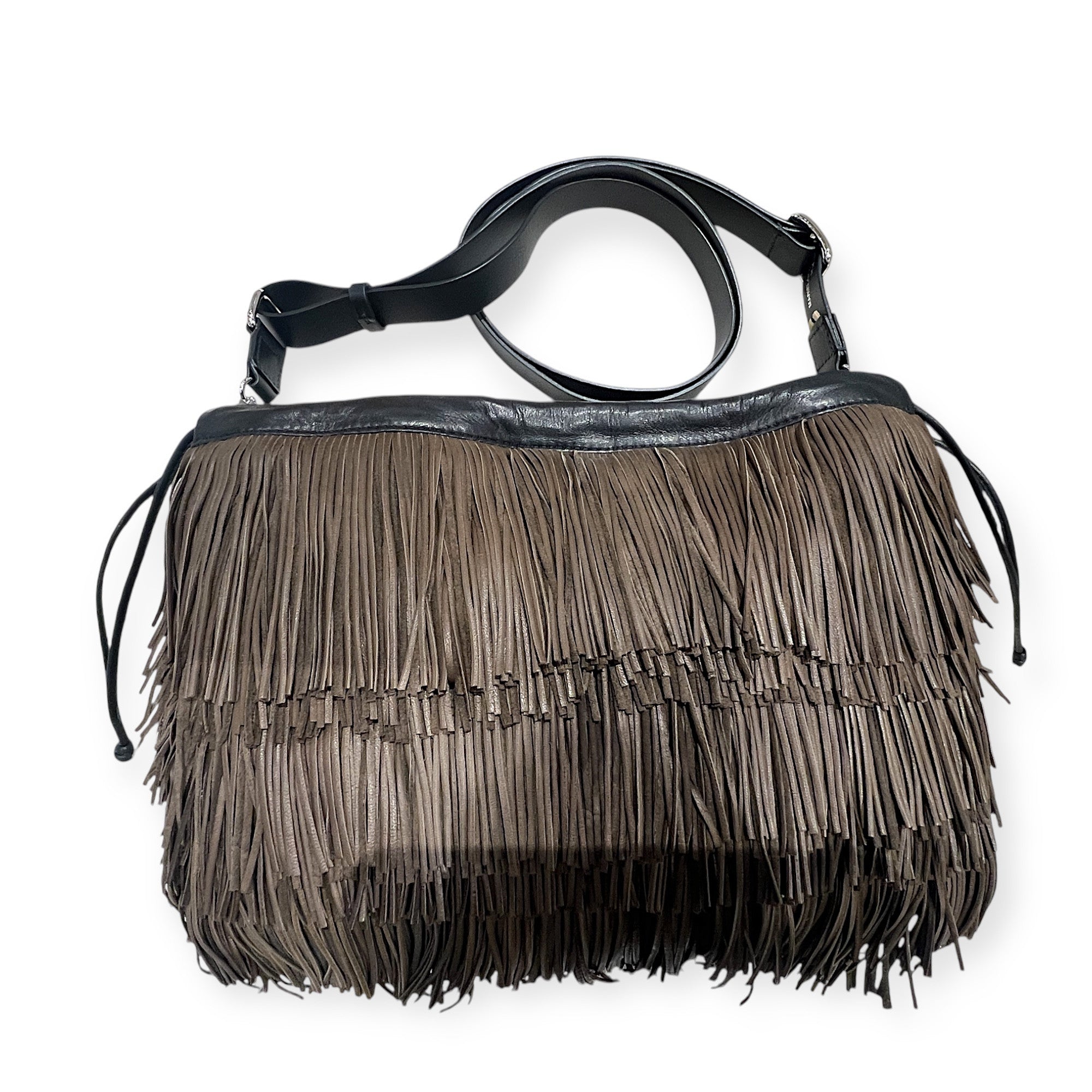 MARIELAURENCESTEVIGNY__String pouches maxi-earth brown -fringes-packshoot with black strap